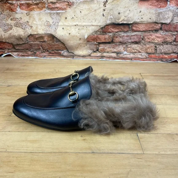 Gucci Princetown Shearling Leather Mules Size 12.5